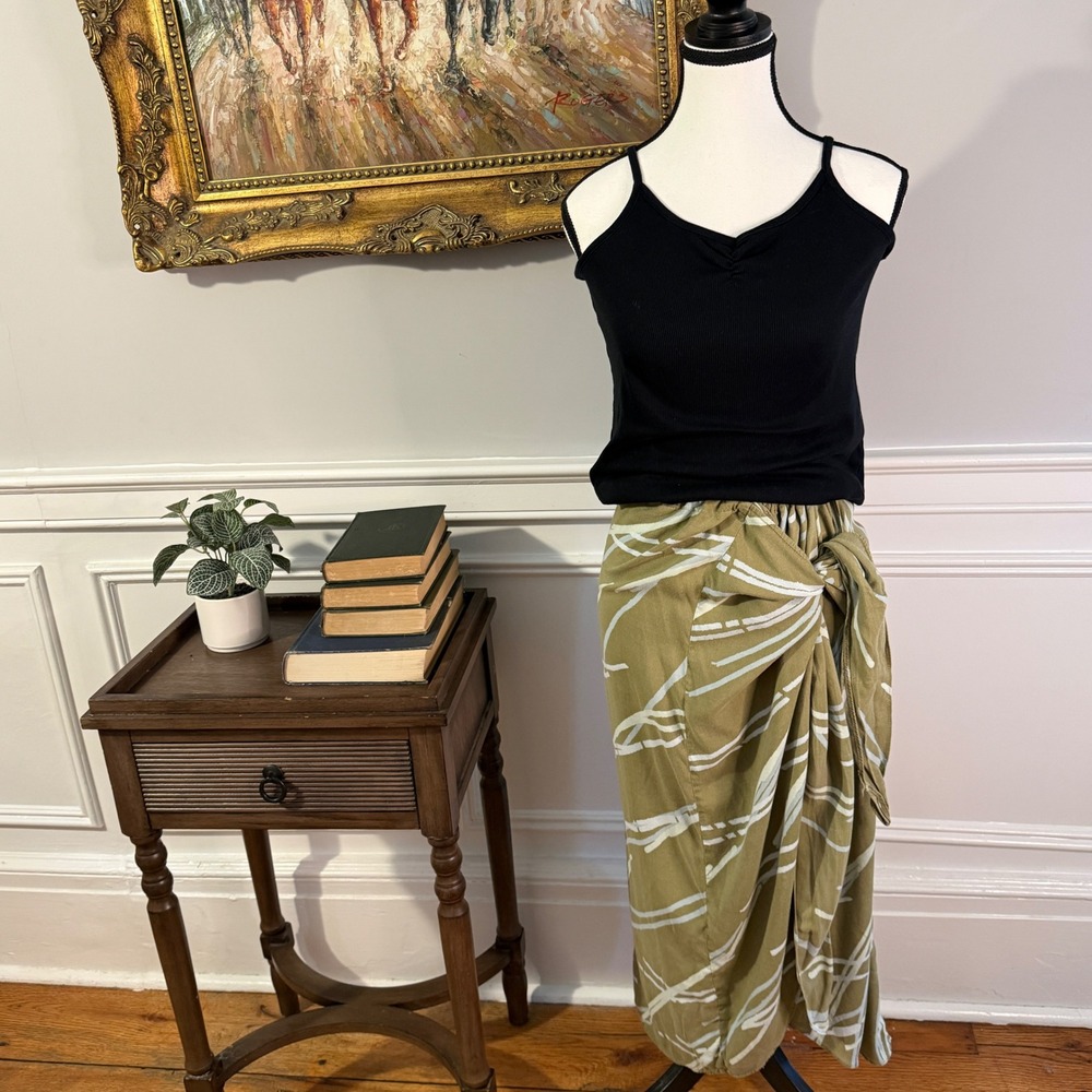 Anthropologie Wrap Midi Skirt Womens | One Size | Olive Green Abstract Print Tie